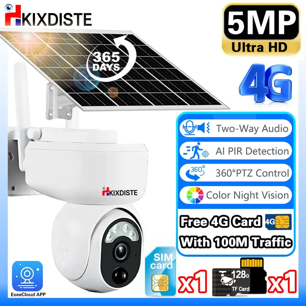 

NEW 4G LTE SIM Card Camera Outdoor 5MP HD Wireless Solar Power Battery Camera 360° PTZ AI Track Security Surveillance IP Camera