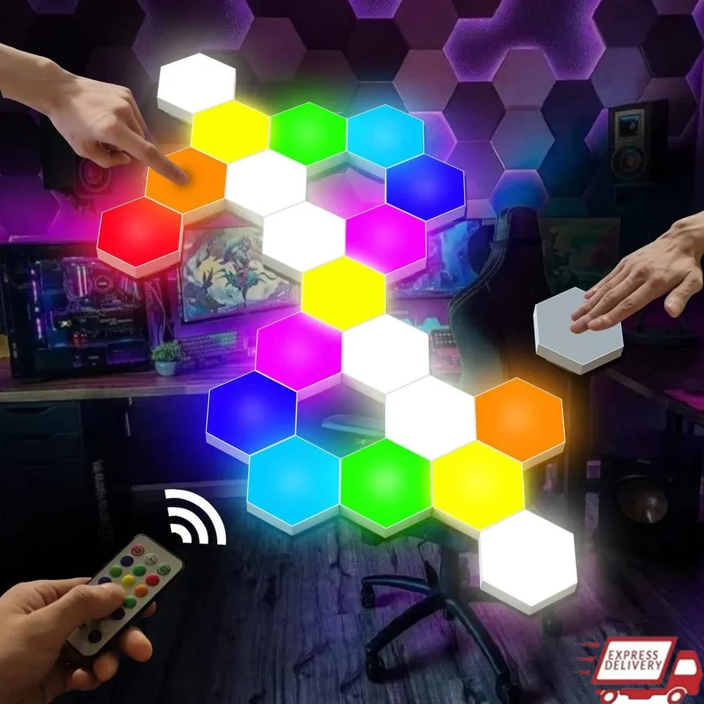 

Smart Hexagon LED Wall Lights Touch-Sensitive RGB Panels with Remote Control DIY Mood Lighting 13 Colors Easy Installation