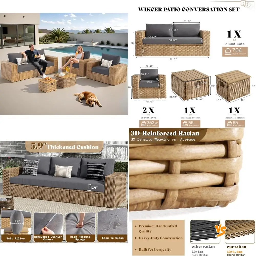 

Набор диванов для патио на открытом воздухе из 6 предметов с раскладывающимся журнальным столиком и широкими подлокотниками — мебель для бесед из полиэтиленового ротанга, устойчивая к ультрафиолетовому излучению