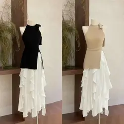 Top de punto con cuello Halter para mujer, falda con volantes irregulares, Conjunto elegante y Sexy, moda de verano, 2024