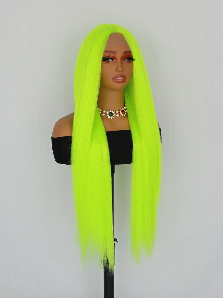 여성용 형광 녹색 합성 레이스 프론트 가발, 미리 뽑은 긴 직선 내열성 교체 가발, 섬유 헤어, 13*3