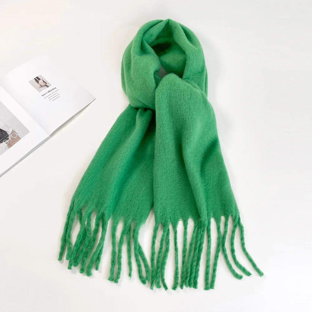 New Mohair Women Scarf Female Winter Warm Thickened Solid Color Long Scarves Soft Coarse Braid Tassel Shawl Viscose Wrap Shawls