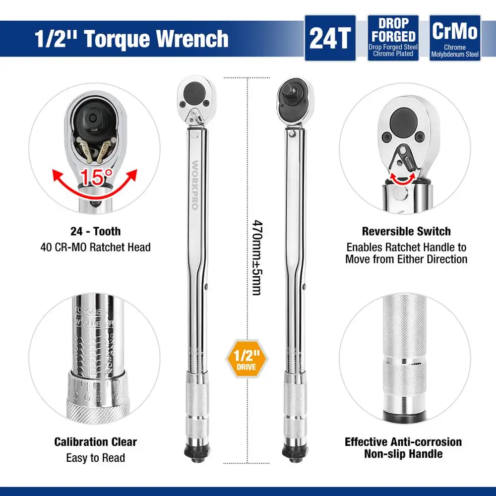 WORKPRO 1/2\'\' 3/8\'\' 1/4\'\' Square Drive Torque Wrench 5-100 Ft-lb 24-Tooth Two-way Precise Ratchet Wrench Repair Spanner Key