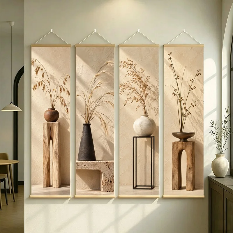 Wall Art Flat Brome and Rush Grass, Serene Wabi-Sabi Botanical Silver Shimmer Canvas Hanging Scroll for Peaceful Tea Room