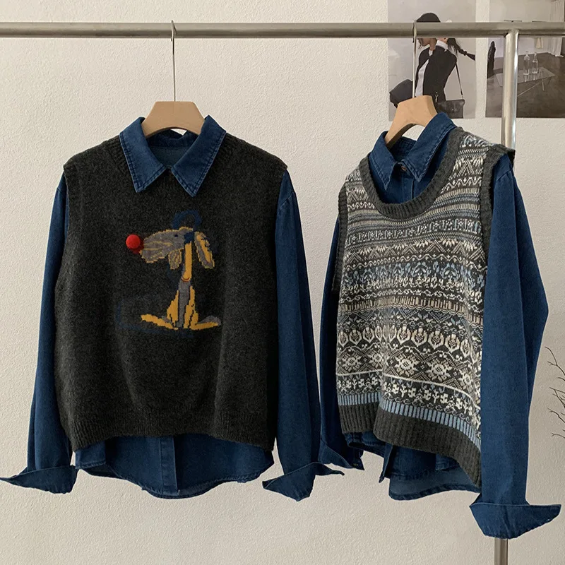 オウムデニム イルト＆ニットベストセット シングルボタン ロングスリーブ カジュアルウェア ラウンドネック シングルレイヤリングトップ レディースファッション