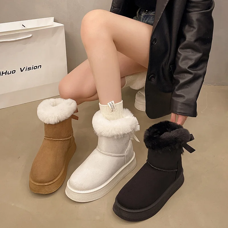 

Women 2026 Winter New Platform Fleece Lined Slip on Snow Boots Fluffy Bow Plus Size