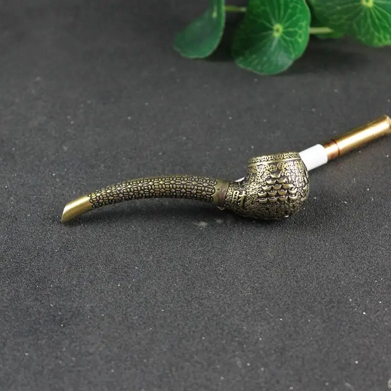 Retro Brass Copper Many Coins Wealth Carved Smoke Cigarette Holder Filter Tobacco Smoking Pipe Accessories Father Grandpa\'s gift