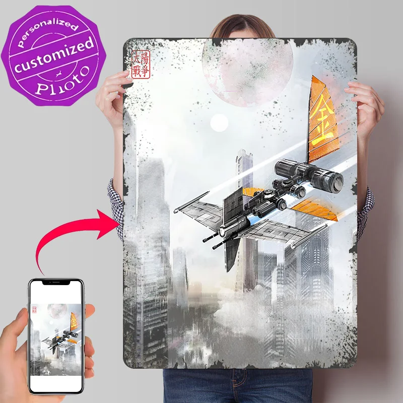 Metal Spaceship Poster Retro 3D Printed Metal Signs Customized Wall Hanging Gift for Interior Decoration Living Room Home Decor