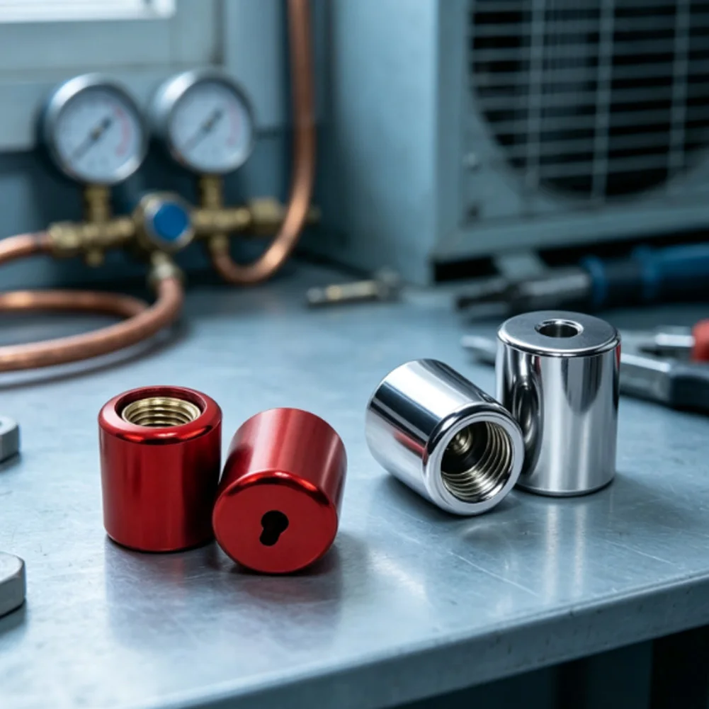 4pcs 1/4-Inch Red Refrigerant Locking Cap With Key Tamper-Resistant R410A/R22 Valve Covers For HVAC Air Conditioner