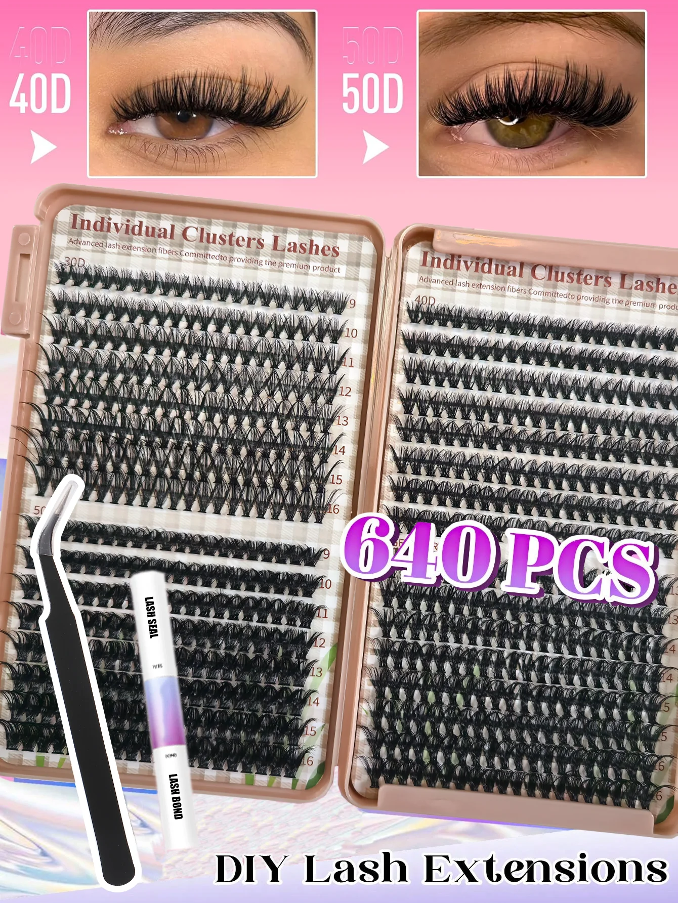 640pcs Individual Cluster Eyelashes Extensions kit 30D 50D Bond and Seal DIY false eyelash natural 9-16mm Volume Lashes supplies