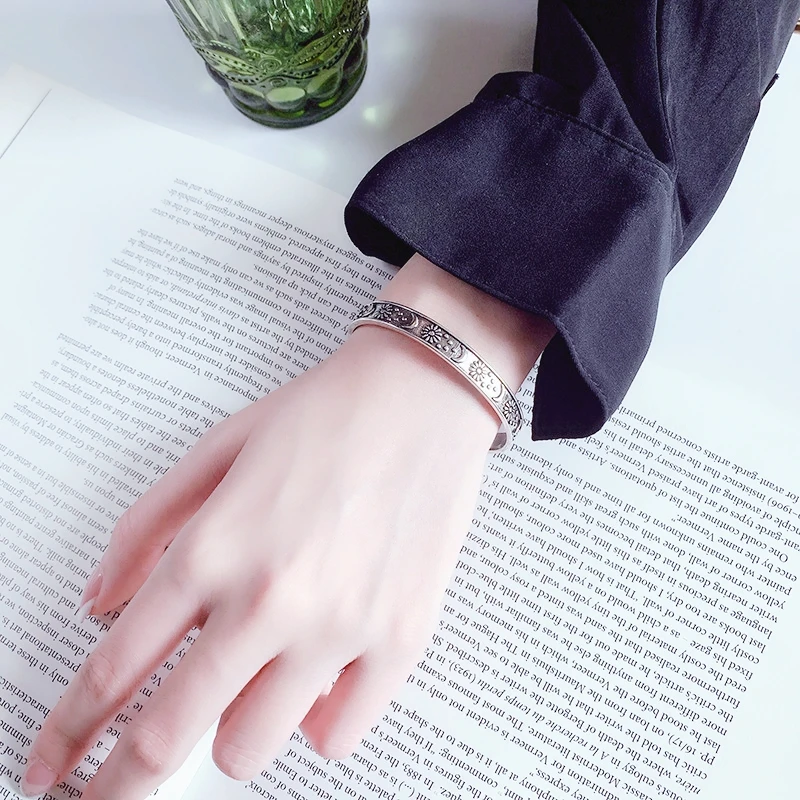 Sole Memory Vintage Thai Silver Moon Star 925 Sterling Silver Resizable Opening Bracelet For Women Luxury Jewelry Gift BR340