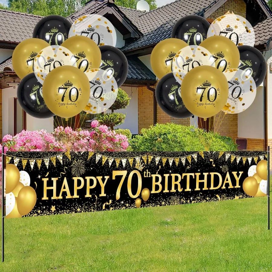 70th Birthday Decorations Black Gold 70th Birthday Banner and Balloons for Indoor Outdoor Parties