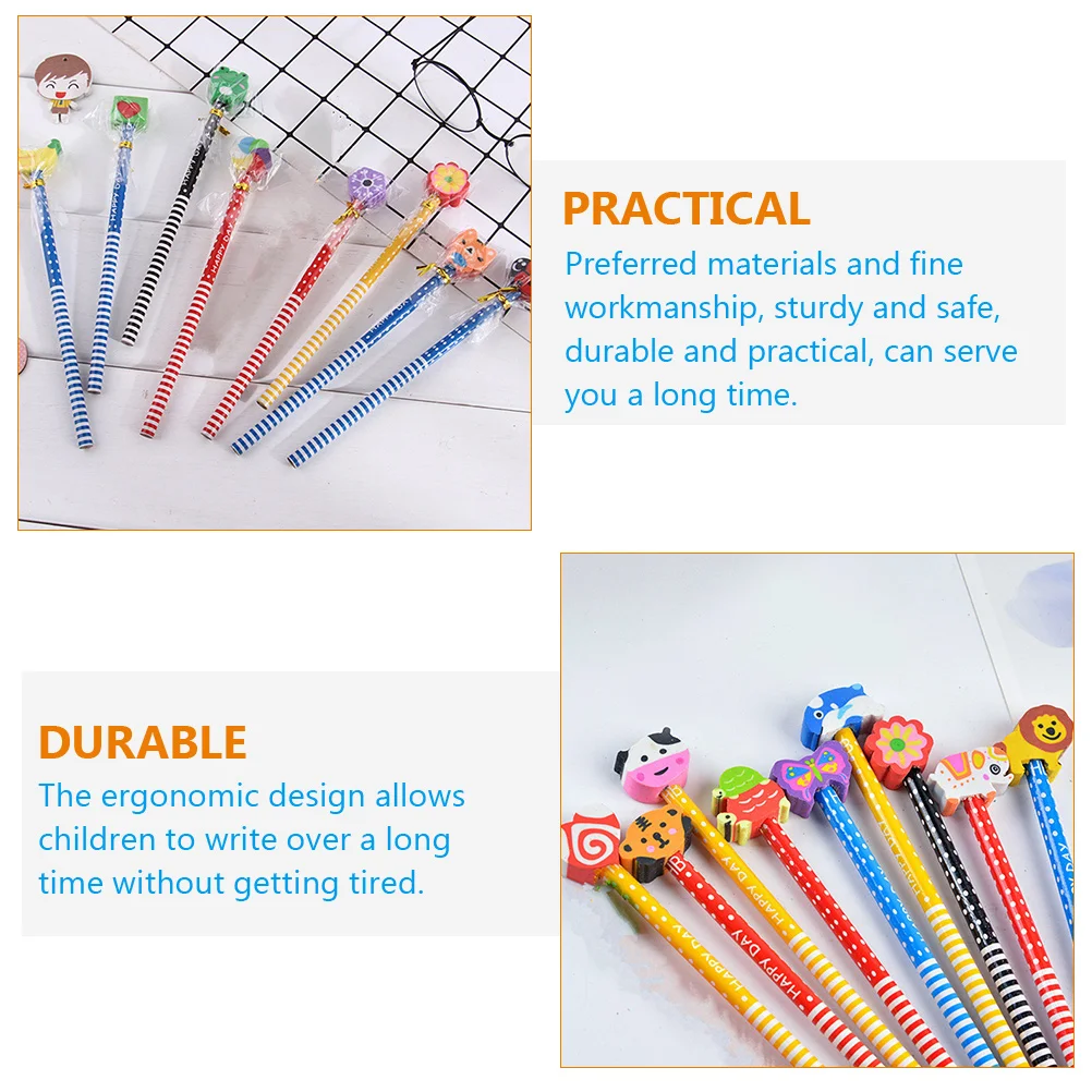 30 Pcs Pencils Wood with Eraser Multi-function Practical Adorable Cartoon Child