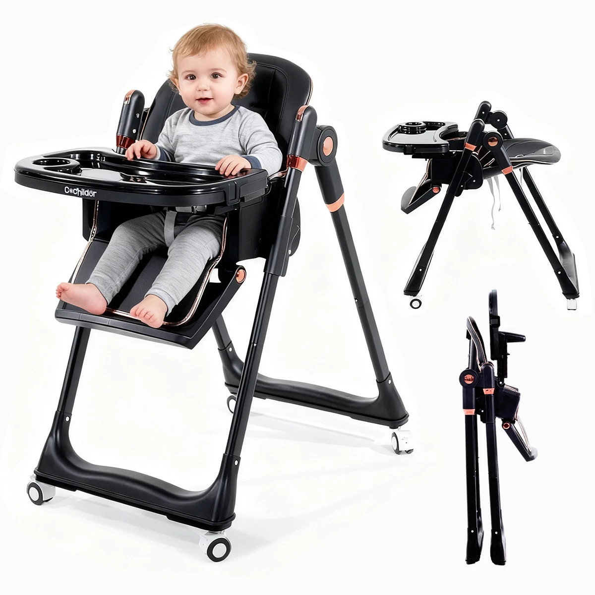 Kinderstoel, opvouwbare kinderstoel, verstelbare zitting, geschikt voor meer dan 6 maanden, met wielen, Thanksgiving cadeau