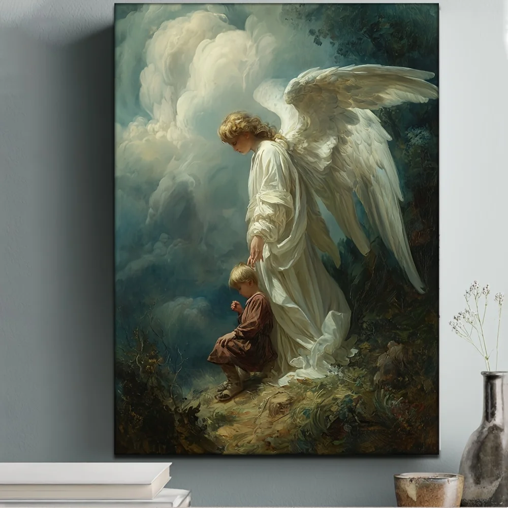 2D Flat, 1pc, with Frame, 30.48x40.64cm [2D Flat] HD Oil Painting Rdian Angel Watching Over Child Art Gentle Protection, Chri