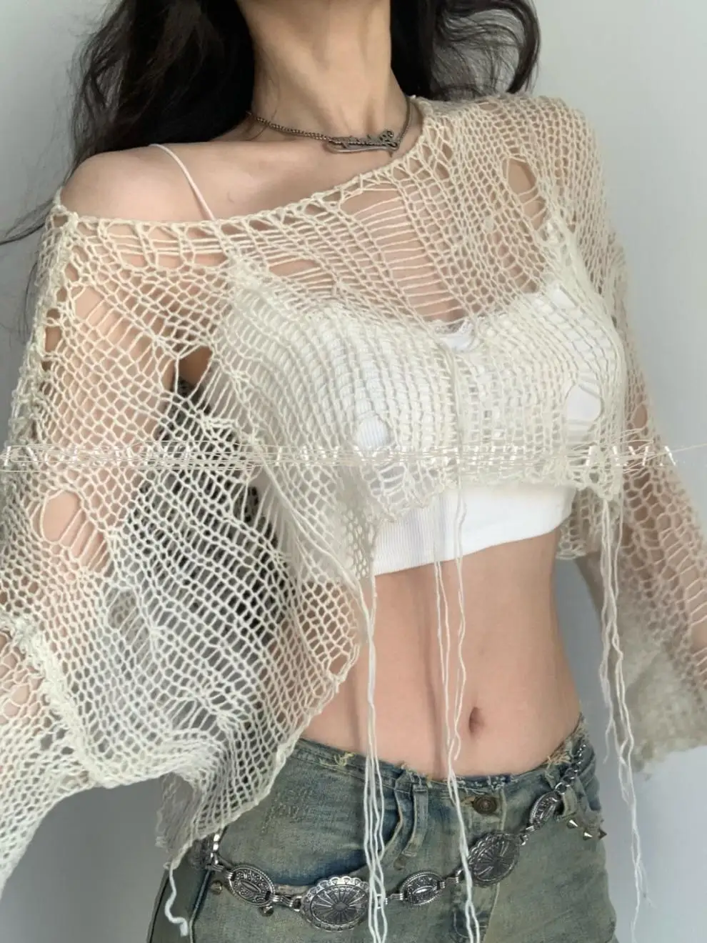 Y2k Millenial Knit Spiderweb Shape Cutout Sexy Punk Street Style T-Shirt Top Perspective Chic Little Top For Women