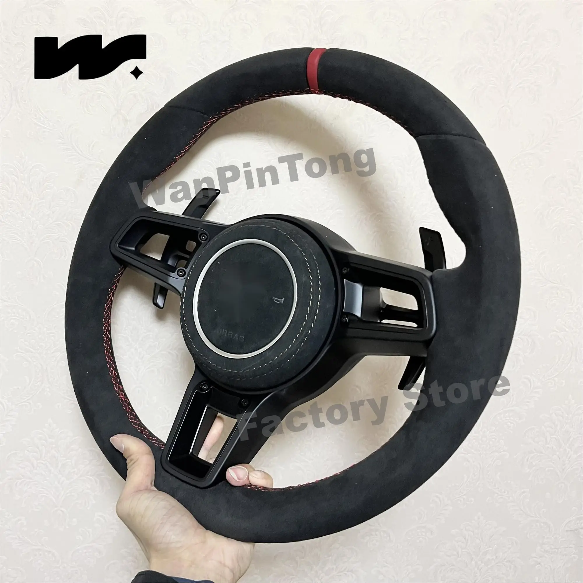 Pasuje do Porsche Custom Style Alcantara Red Return Mark Steering Wheel Macan Cayenne 911 718 958Cayman Panamera Model Series