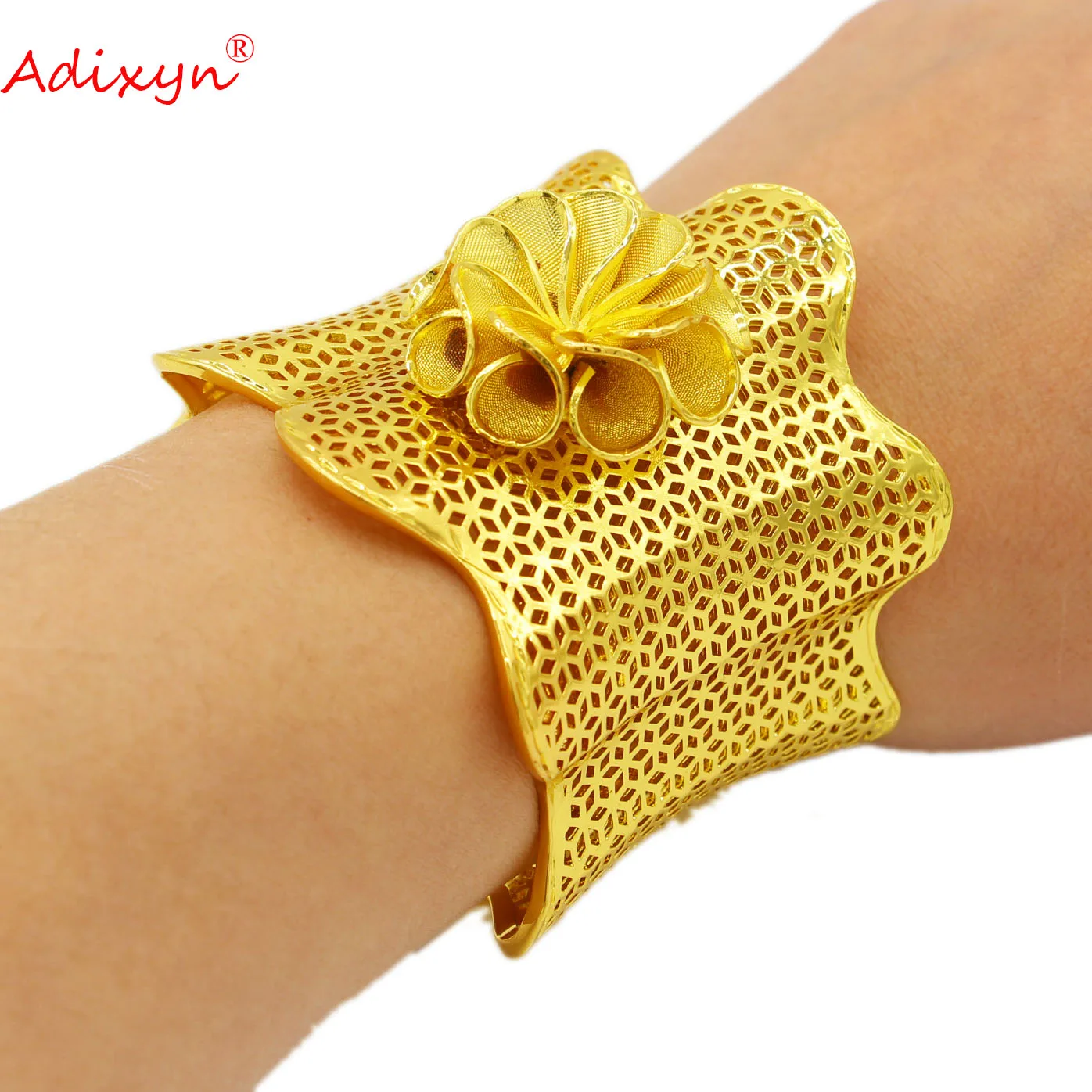 

Adixyn Luxury Big Flower Desigh Bangles for Women 24k Gold Color African jewelry dubai Cuff Bracelet Wedding Bride Gifts N022248