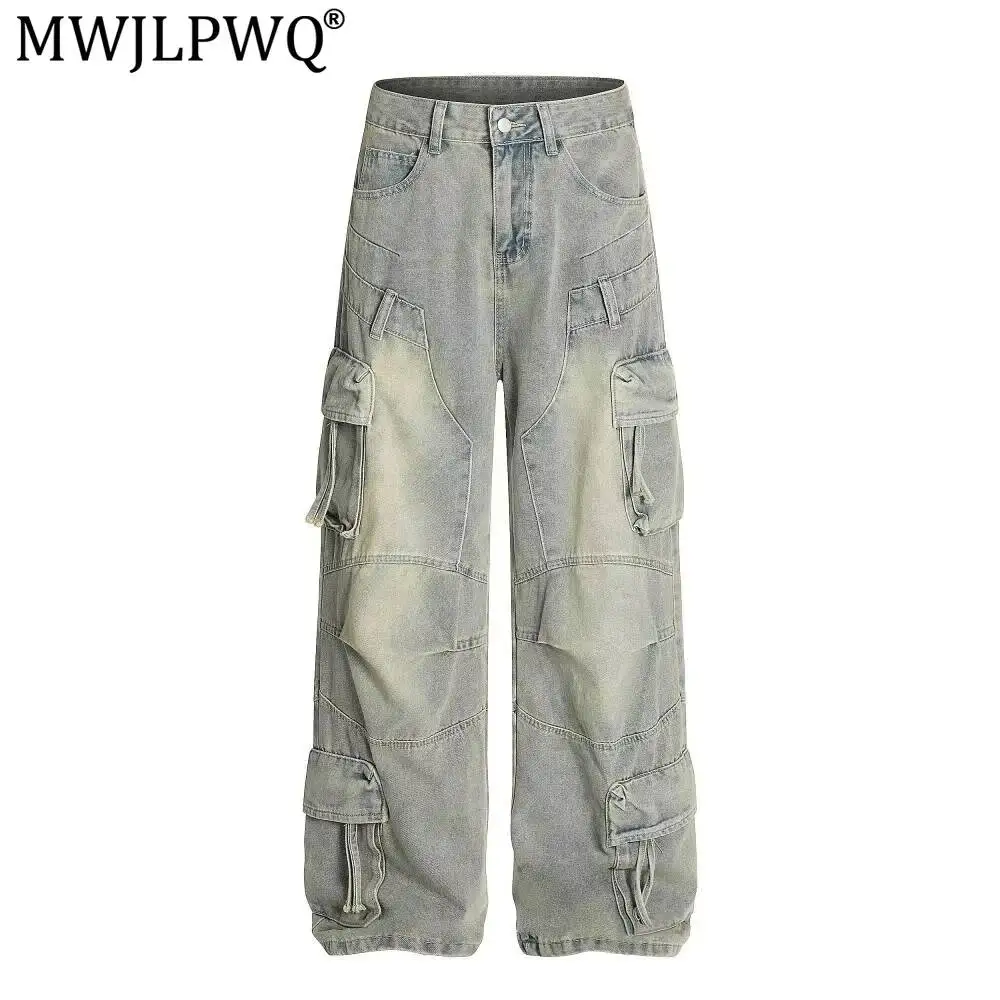 MWJLPWQ Punk Deconstructed Cargo Jeans Men's Heavy-Duty Washed Three-Dimensional Multi-Pocket Niche Denim Wide-Leg Pants 13740
