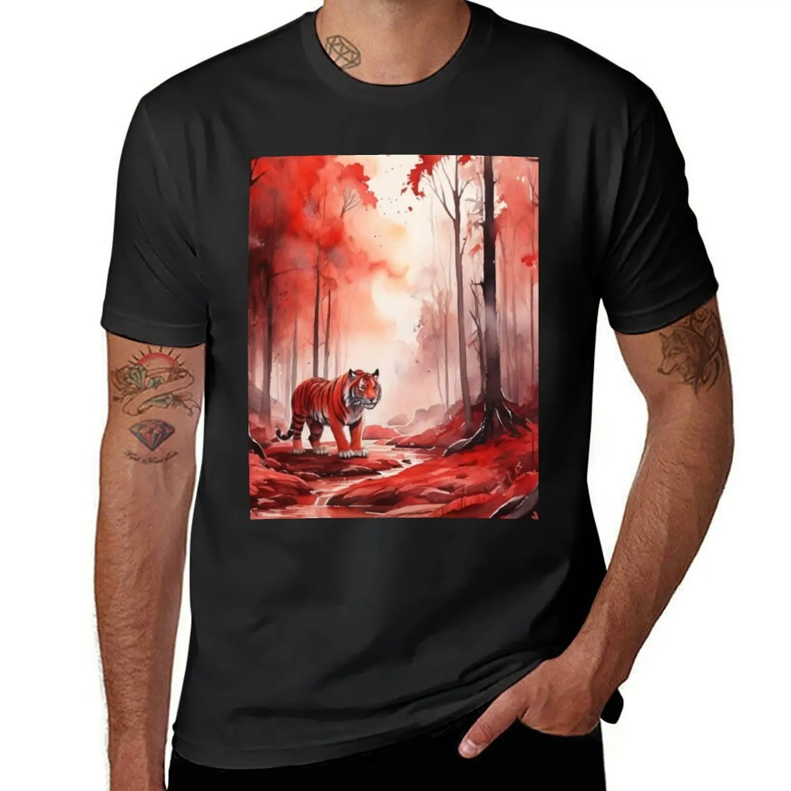 

Tiger in Red forest watercolor T-Shirt customs boys animal print vintage clothes oversizeds mens plain t shirts