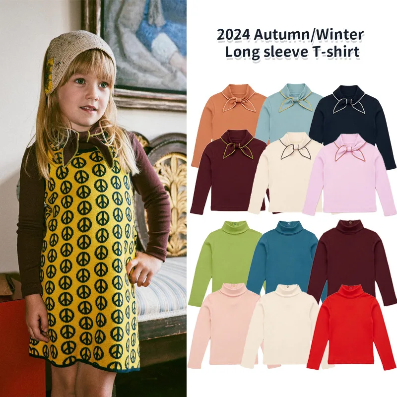 

Children's Base Shirt 2024 Autumn Retro Style Girls' Sweet Strap Long Sleeved T-shirt Girls' Top