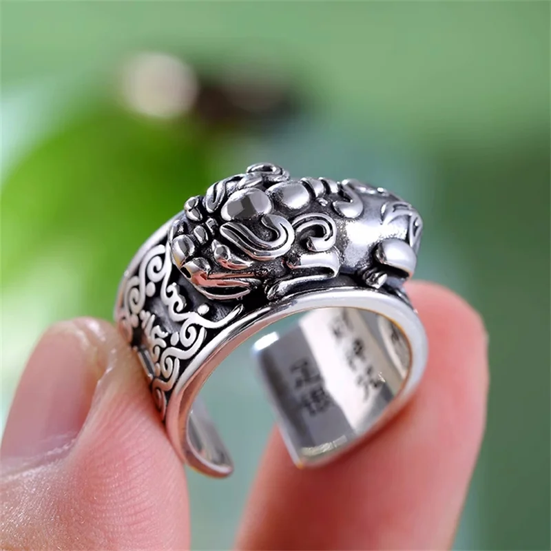 Vintage Wealth Animal Pixiu Ring For Men Index Finger Accessories Blessing Buddhist Heart Sutra Ring Male Jewelry Open Size