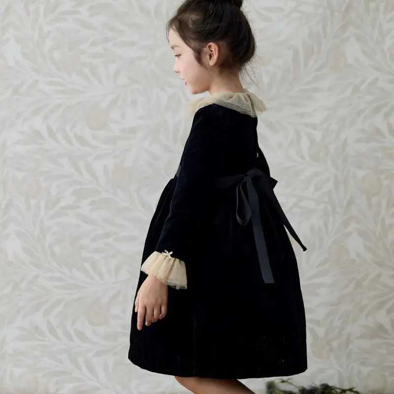 2026 Autumn BP Baby Girls Black Velvet Dress Elegent Dresses for Birthday Girls Elegant Solid Clothing