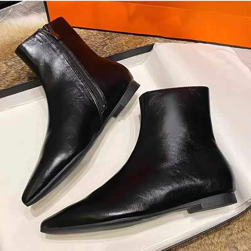 2024 New Flats Sexy  Women Pointed Toe Ankle Boots British Woman Footwear Female Shoes Wedge Boots Side-Zip Design Ankle Boots