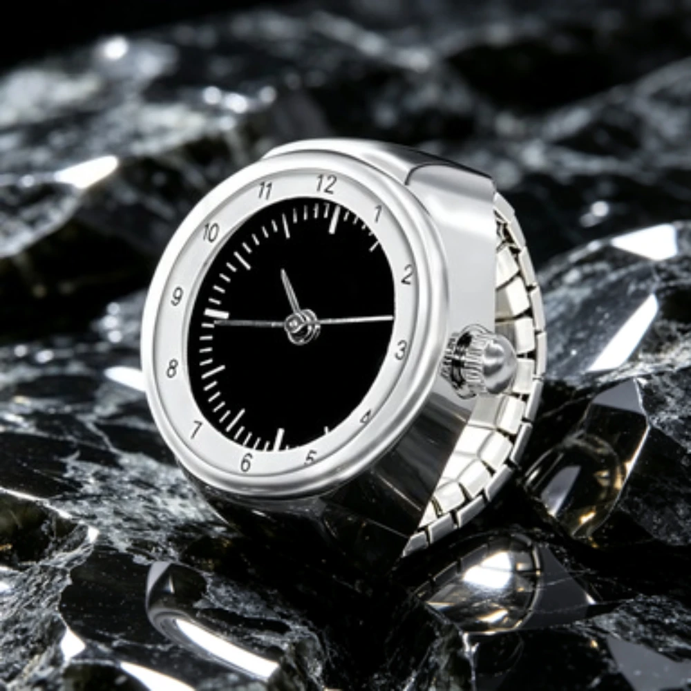 Punk Quartz Watches Finger White Black Color Creative Rings Women Men Mini Elastic Strap Clock Ring Jewelry