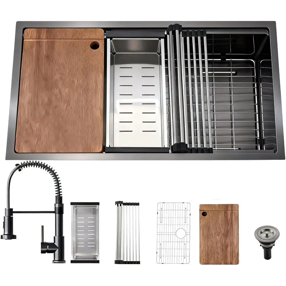 

30-Inch Undermount Single Bowl Farmhouse Workstation Sink - Noise Reducing Design & Accessories Included (Black, Model 3018)