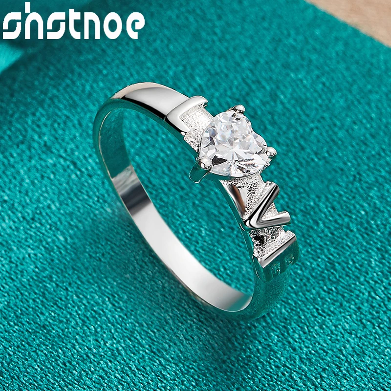 

SHSTONE 925 Sterling Silver Zircon Heart Love Letter Ring For Women Man Engagement Birthday Pretty Charm Jewelry Wedding Bands