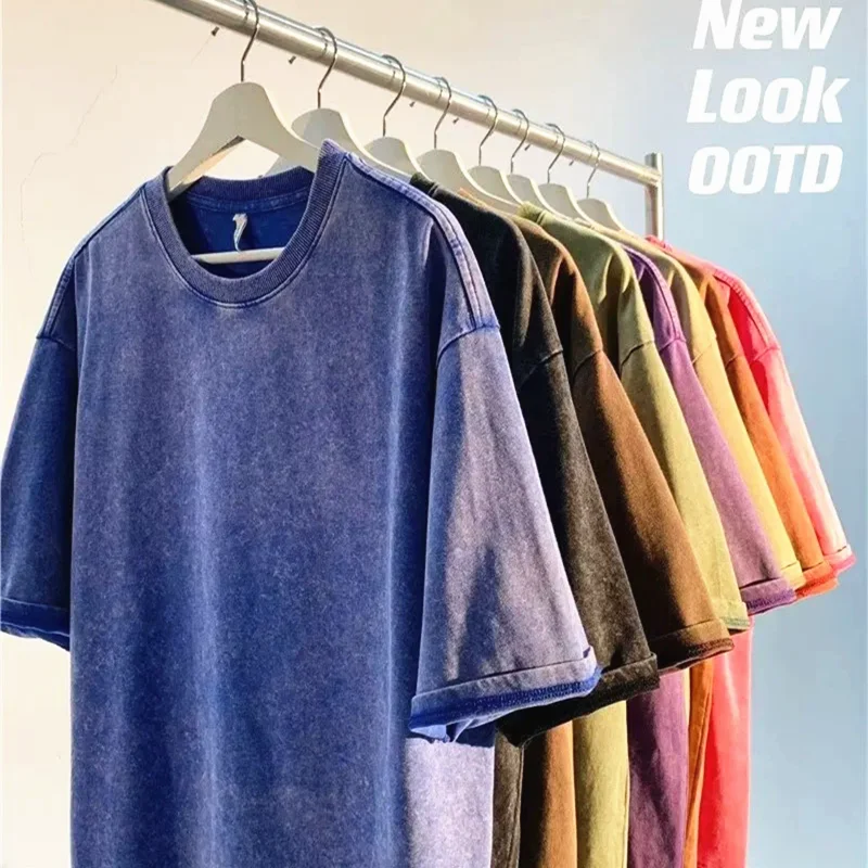 Women Men Casual Washed Vintage Cotton T Shirt Short Sleeve Trendy Loose Sand Wash Shirt Top Tops