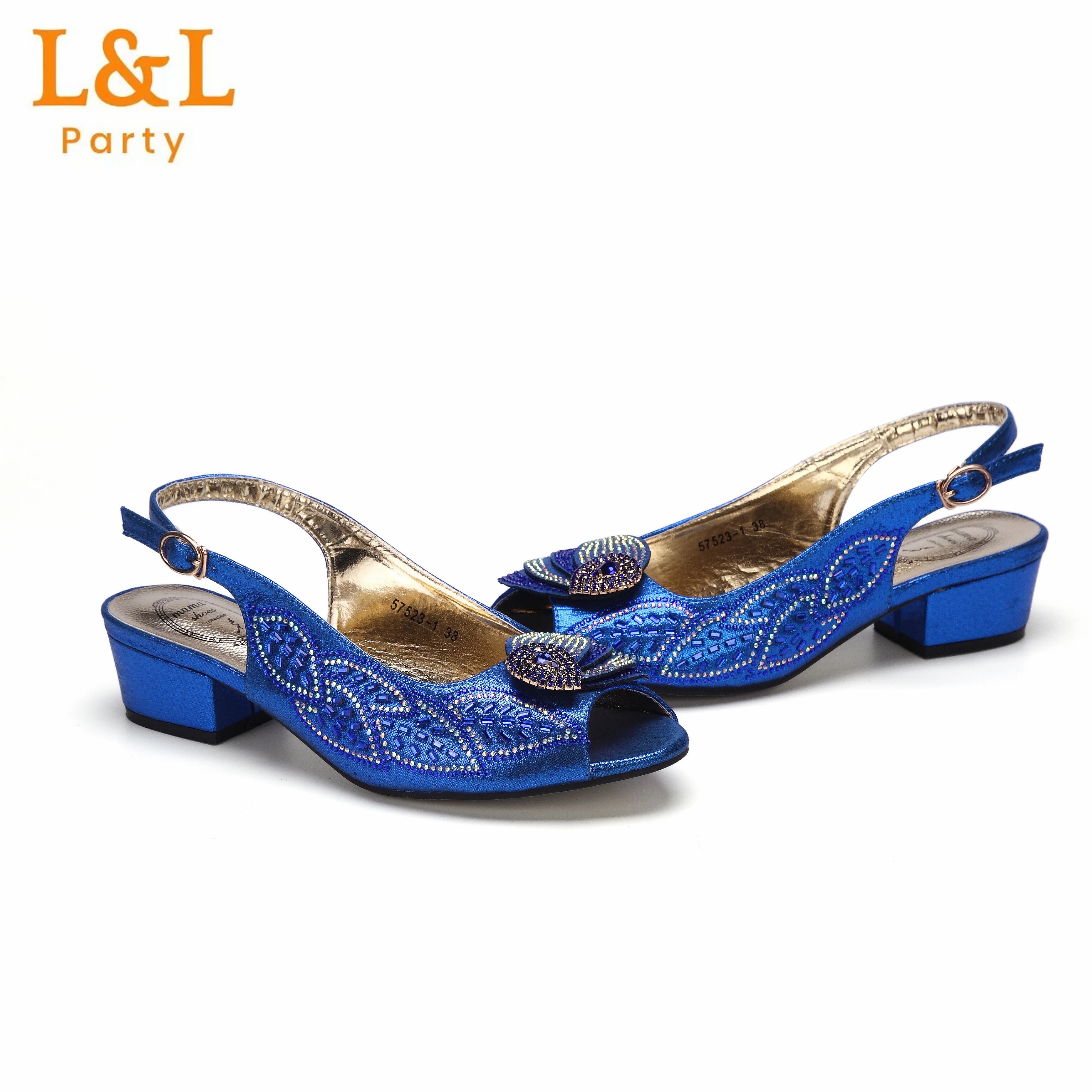 Hot Seling Italian Fashion Design Low Heels Sandals Beautiful PU With Rhinestone Royal Blue Shoes And Bag Set For Wedding Party