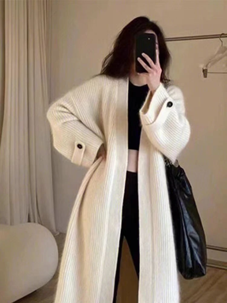 

Осень-зима 202, Новое поступление, длинный вязаный кардиган во французском стиле для женщин, элитное однотонное свободное пальто с напуском