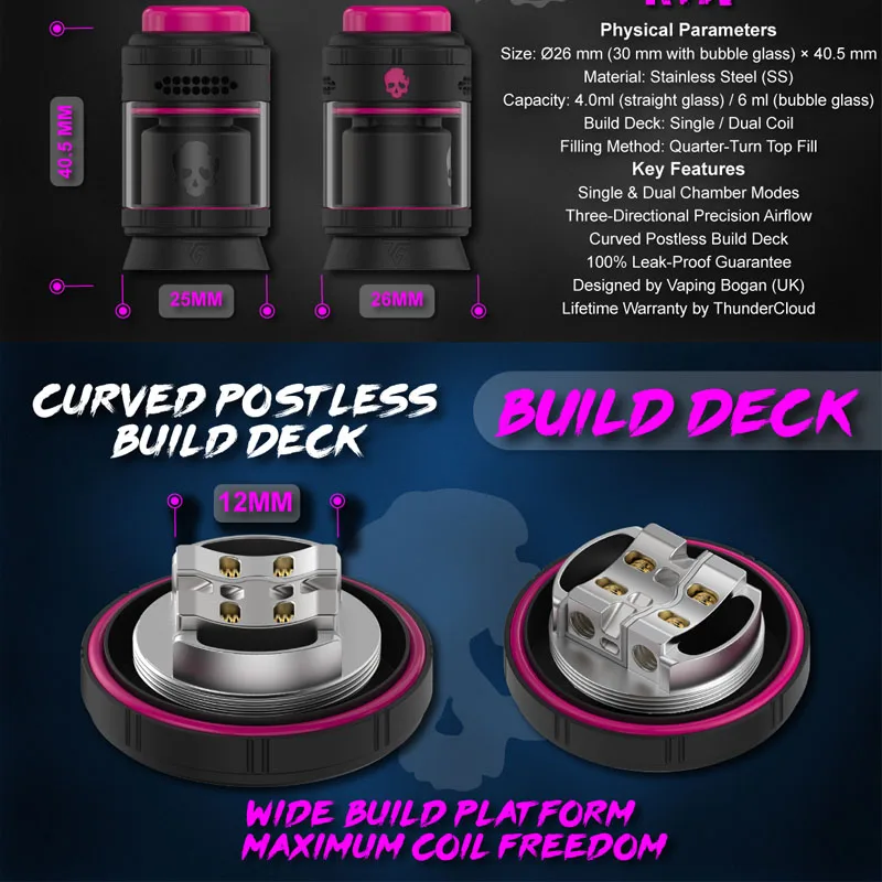 Atomizador de vapeo DIY Origina Thunder Cloud X Vaping Bogan Bonza Pro RTA, 26 mm de diámetro, tanque de vidrio de 4 ml/6 ml, llenado superior, rosca 510