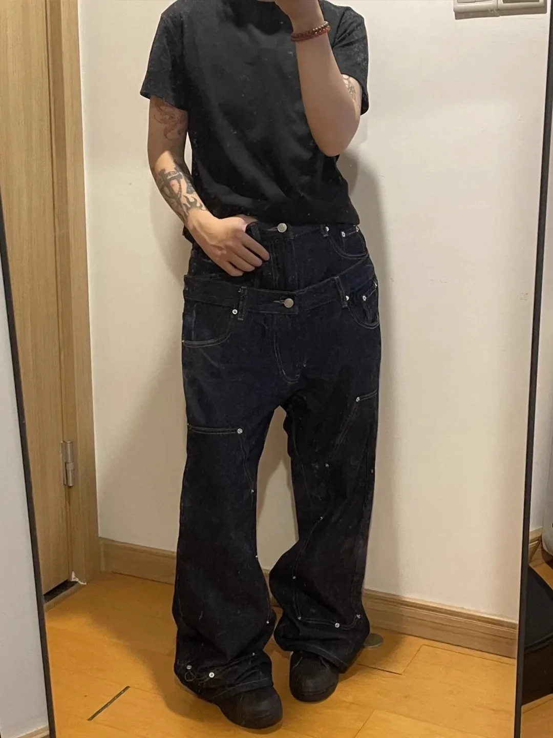 

Американские ретро джинсы с двойной талией, свободные прямые повседневные длинные брюки для мужчин и женщин с украшением в виде заклепок