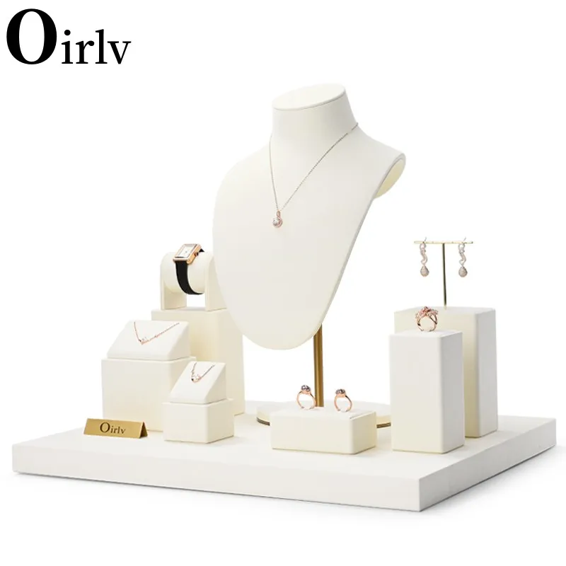 Oirlv Beige Jewelry Window Display Set Props with Metal Jewelry Display Rack for Necklace Earrings Bangle Ring Holder