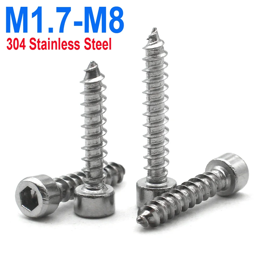 

100/50/25/10pcs 304 Stainless Steel M1.7 M2 M2.3 M2.6 M3 M3.5 M4 M5 M6 M8 Hexagon Socket Cap Head Self Tapping Allen Head Screws