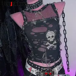 Women Gothic Lolita Punk Harajuku Bling Bling Goth Y2K Girl Trim Crop Tops Rivet Skeleton Chain Steampunk Tank Top Shirt Tee