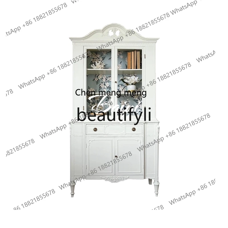 

French solid wood wine cabinet cream white carving, living room against the wall European style, dining side, locker H