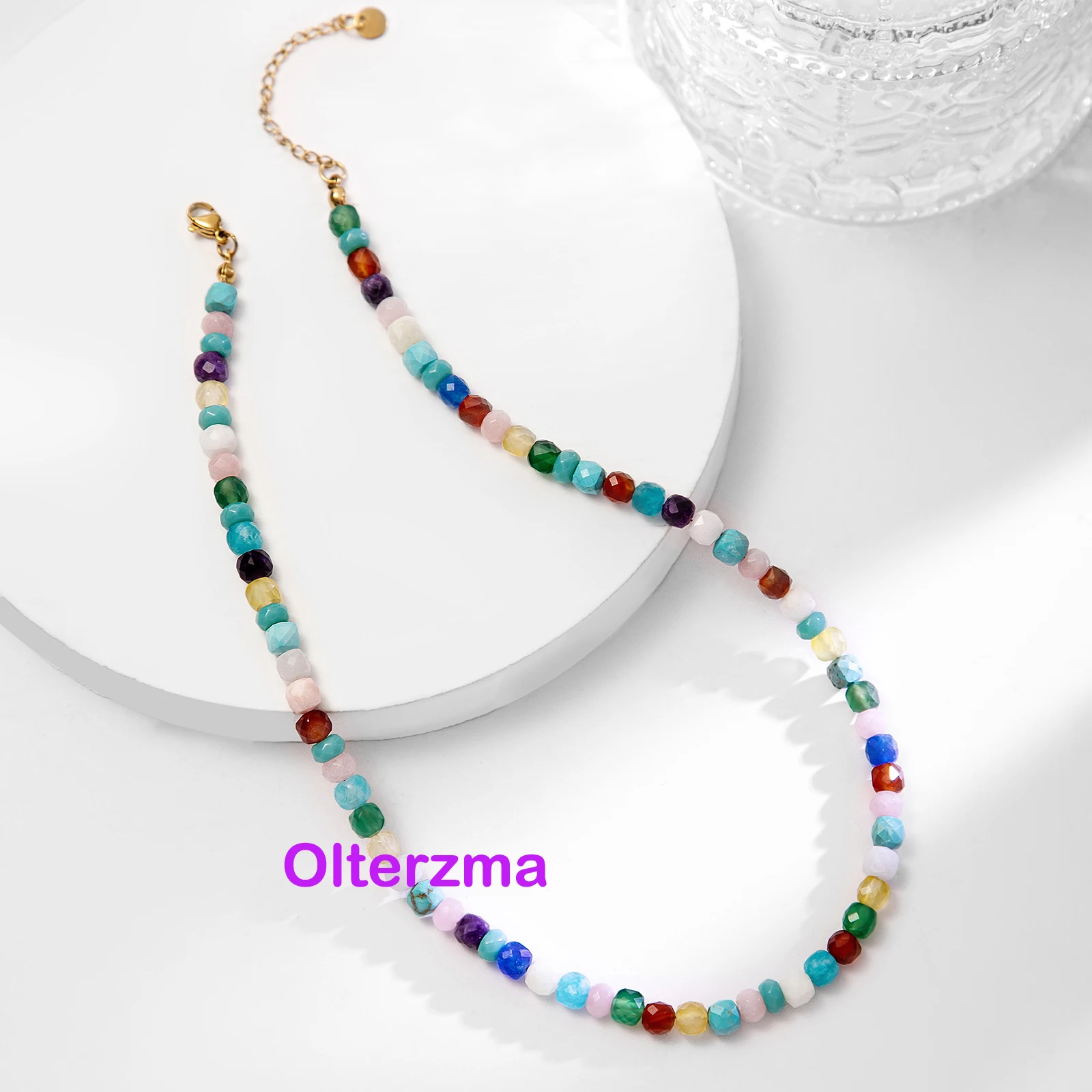 Olterzma Natural Stone Colorful Beaded Necklace for Women Y2K Stainless Steel Gold Plated kallaite Agates Beads Summer Jewelry