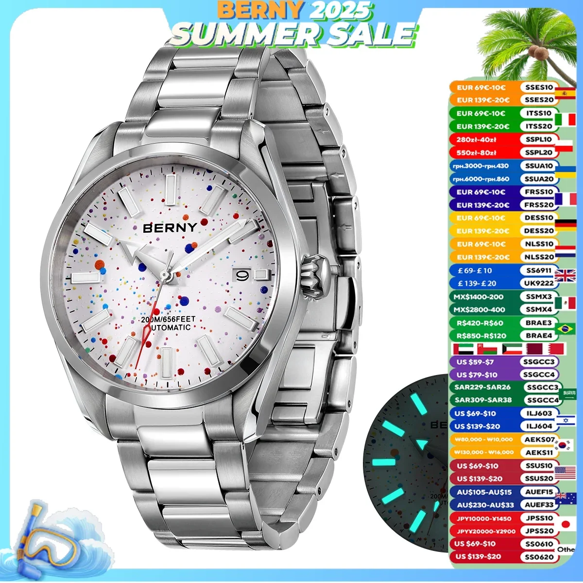 

BERNY 20ATM Mechanical Men Watch Sapphire AR Date Day Fashion Marble Dial Men Wristwatch Supper Luminous Swimming Men Watches