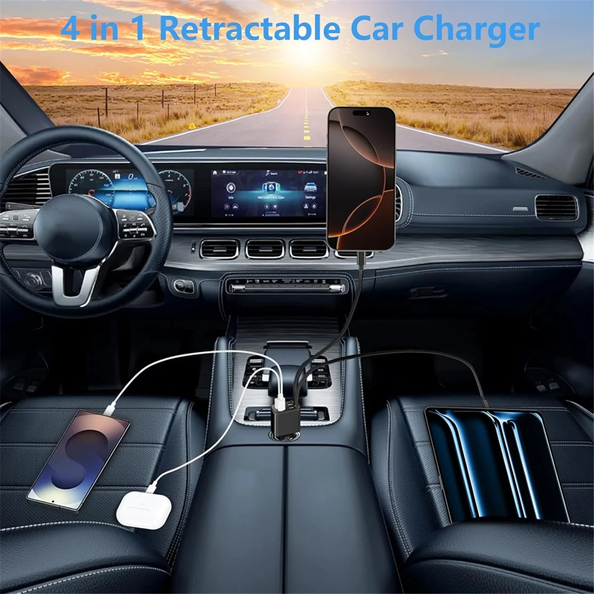 

2025+Retractable Car Charger for , 120W USB C Car Charger 4 in 1 Fast Charging Lighter Adapter