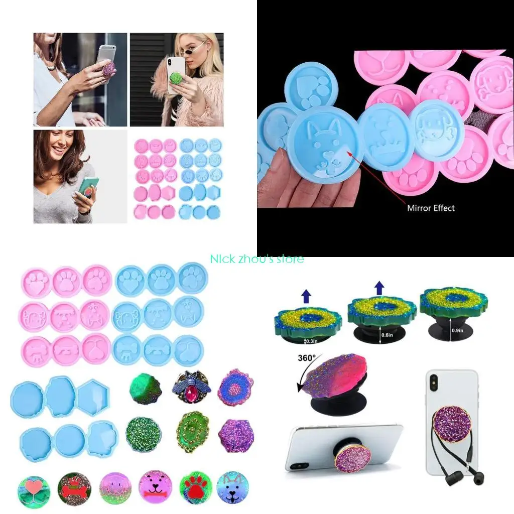 

E15E Phone Grip Mold Epoxy Resin On Top Mold 15 Cavity Silicone Irregular Round Mount Phone Holder Stand Molds Craft Tool