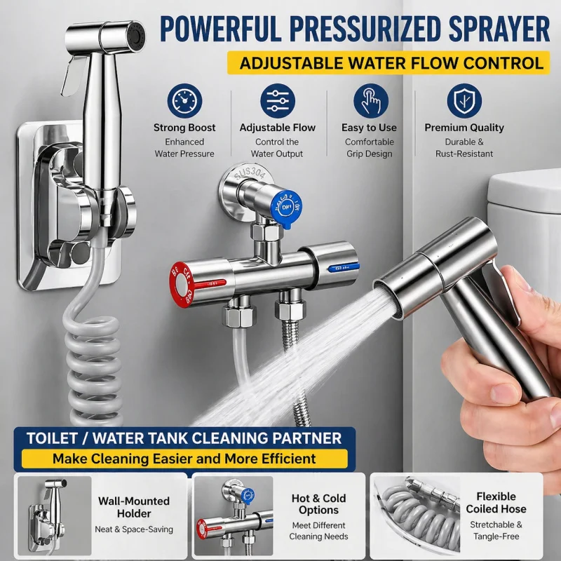 304 Stainless Steel Bidet Sprayer Set High Pressure Handheld Shattaf Flexible Hose Dual Outlet Faucet Valve