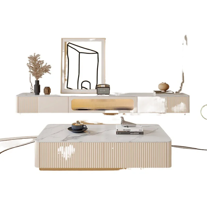 Simple modern floor TV cabinet coffee table combination living room home rock slab TV cabinet bedroom light luxury TV table