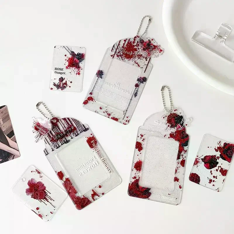 Gothic Blood Rose Acrylic Photocard Holder Kpop Idol Photo Card Case Keychain Small Card Backpack Pendant Card Protection Set