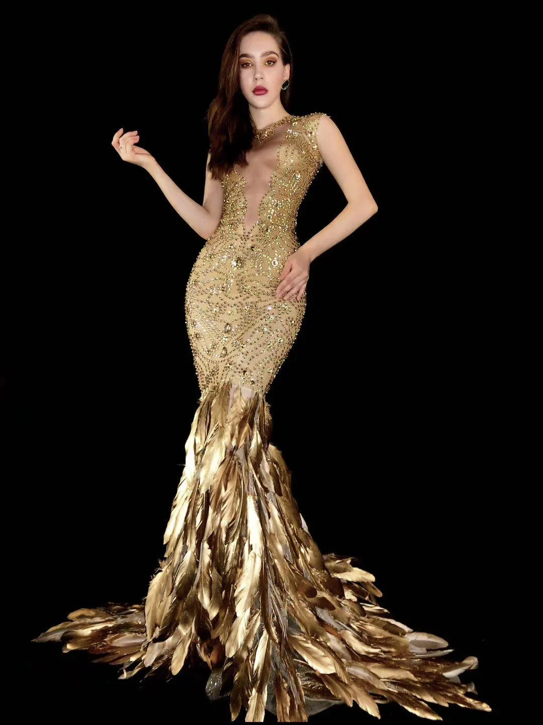 Sexy Gold Feather Shining Rhinestones Sleeveless  Long Dress For Women Evening Banquet Clothing Stage Singer Ballroom Costumes