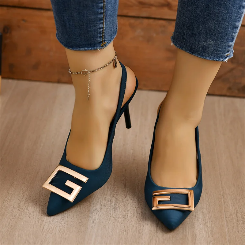 2024 New Summer Style Fashionable Comfortable Versatile and Wear-resistant Sandals Metal Square Buckle Stiletto Women\'s Shoes