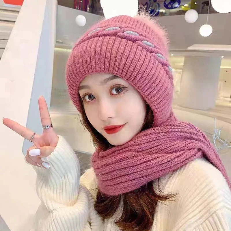 Women Winter Hat Scarf Set Knitted Thick Warm Fashion Cap and Scarf Integrated Sets New